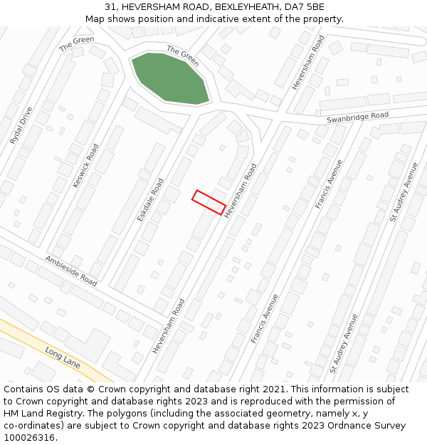 31, HEVERSHAM ROAD, BEXLEYHEATH, DA7 5BE: Location map and indicative extent of plot