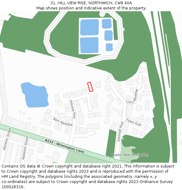 31, HILL VIEW RISE, NORTHWICH, CW8 4XA: Location map and indicative extent of plot