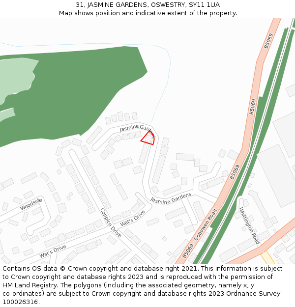 31, JASMINE GARDENS, OSWESTRY, SY11 1UA: Location map and indicative extent of plot