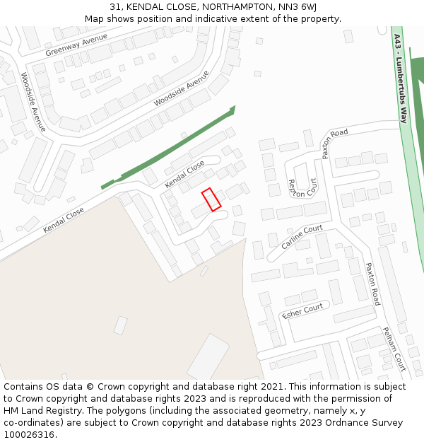 31, KENDAL CLOSE, NORTHAMPTON, NN3 6WJ: Location map and indicative extent of plot