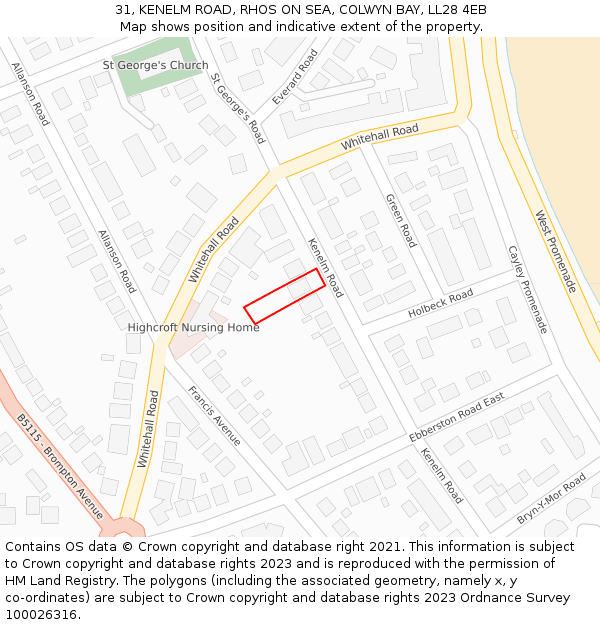 31, KENELM ROAD, RHOS ON SEA, COLWYN BAY, LL28 4EB: Location map and indicative extent of plot