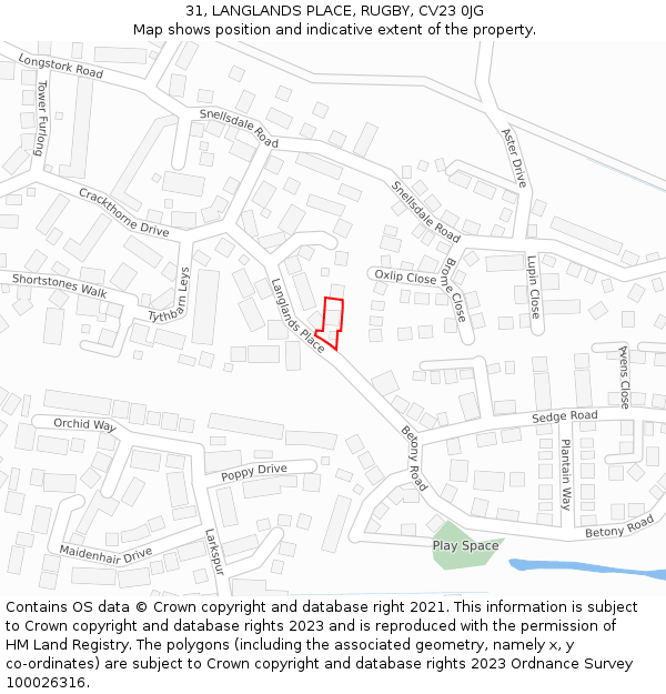 31, LANGLANDS PLACE, RUGBY, CV23 0JG: Location map and indicative extent of plot