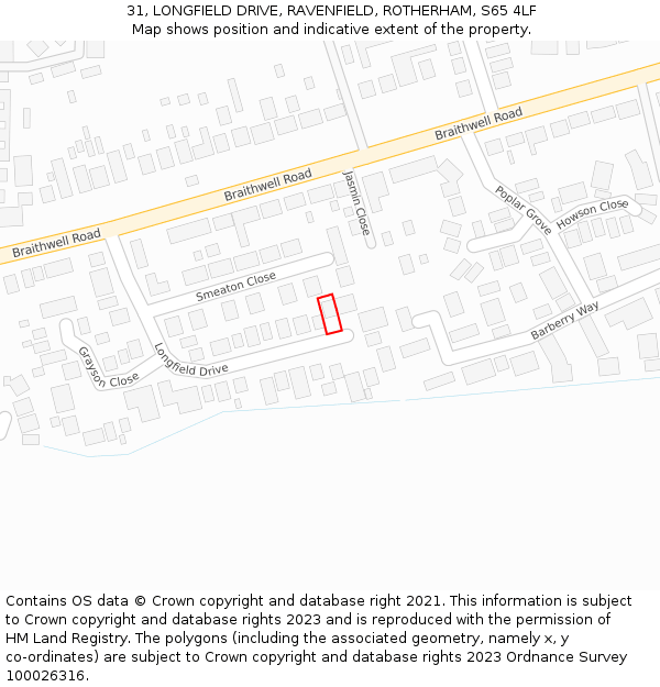 31, LONGFIELD DRIVE, RAVENFIELD, ROTHERHAM, S65 4LF: Location map and indicative extent of plot