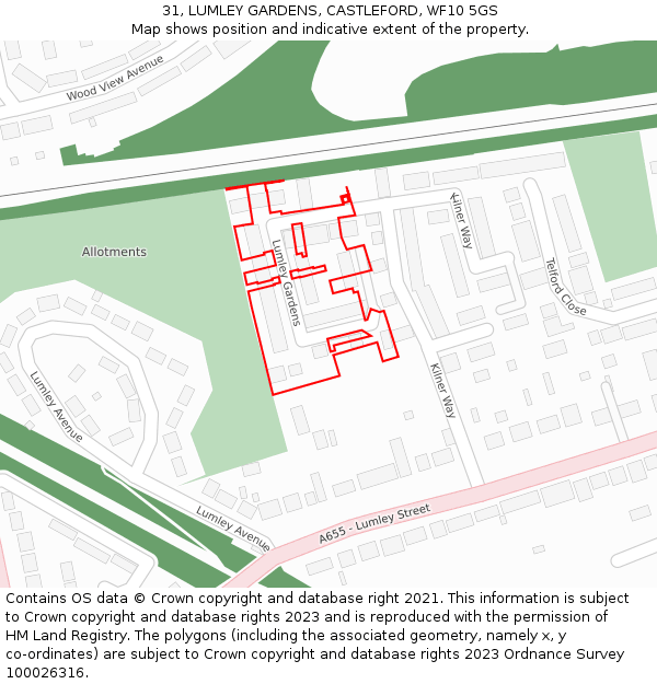 31, LUMLEY GARDENS, CASTLEFORD, WF10 5GS: Location map and indicative extent of plot