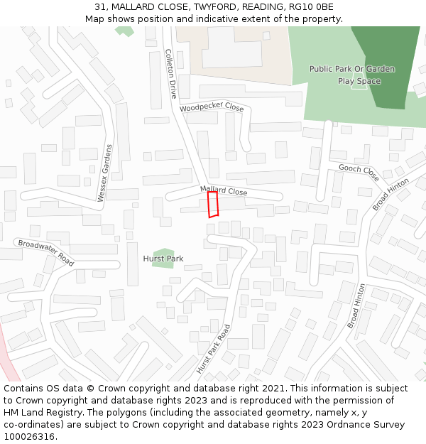 31, MALLARD CLOSE, TWYFORD, READING, RG10 0BE: Location map and indicative extent of plot