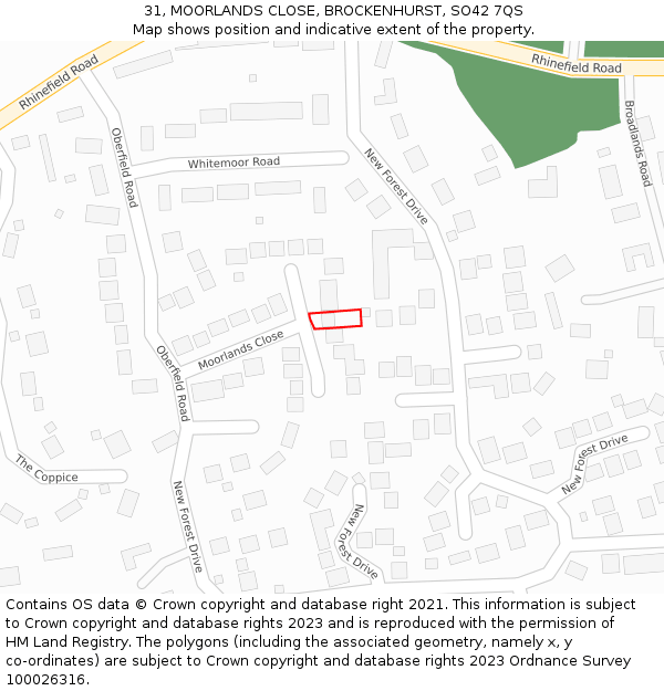 31, MOORLANDS CLOSE, BROCKENHURST, SO42 7QS: Location map and indicative extent of plot