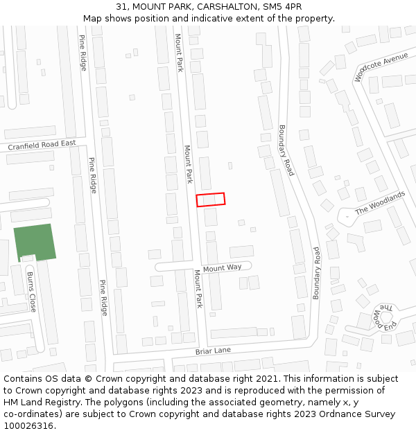 31, MOUNT PARK, CARSHALTON, SM5 4PR: Location map and indicative extent of plot