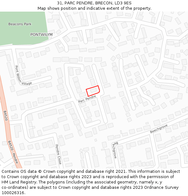 31, PARC PENDRE, BRECON, LD3 9ES: Location map and indicative extent of plot