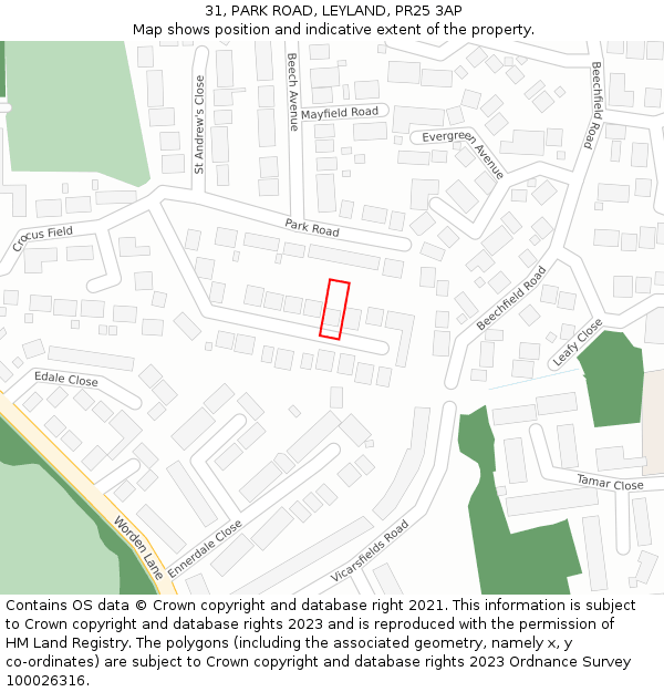 31, PARK ROAD, LEYLAND, PR25 3AP: Location map and indicative extent of plot