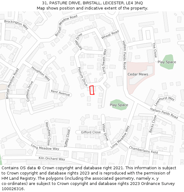 31, PASTURE DRIVE, BIRSTALL, LEICESTER, LE4 3NQ: Location map and indicative extent of plot