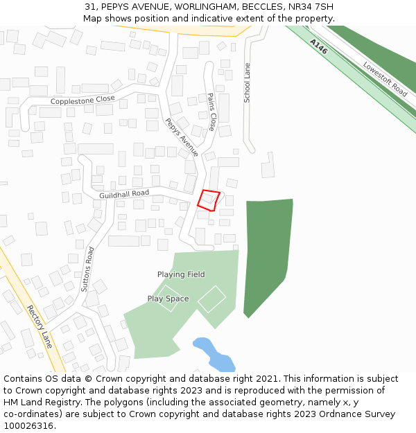 31, PEPYS AVENUE, WORLINGHAM, BECCLES, NR34 7SH: Location map and indicative extent of plot