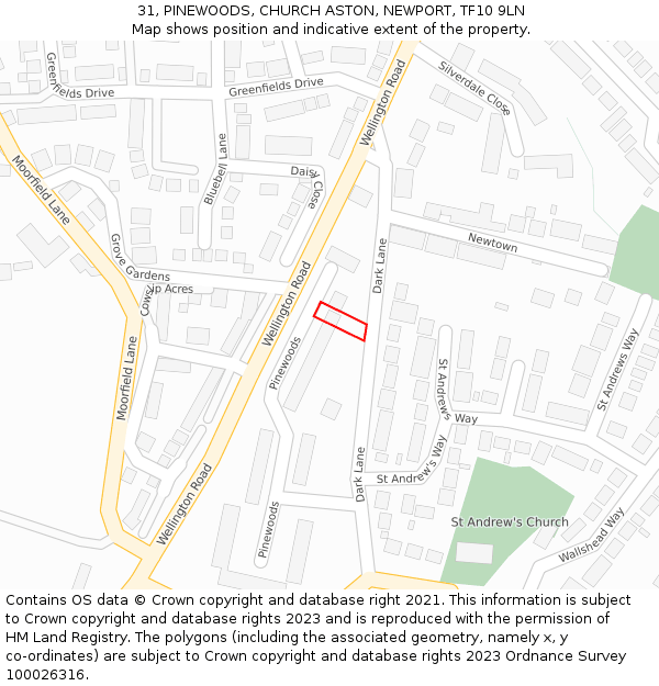 31, PINEWOODS, CHURCH ASTON, NEWPORT, TF10 9LN: Location map and indicative extent of plot