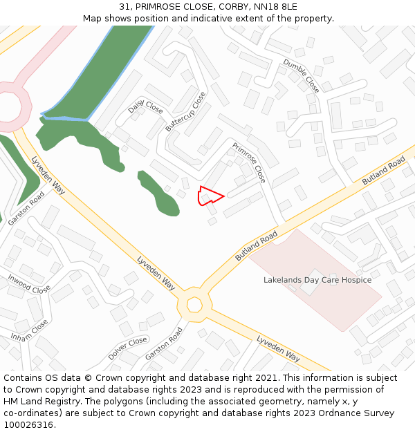 31, PRIMROSE CLOSE, CORBY, NN18 8LE: Location map and indicative extent of plot