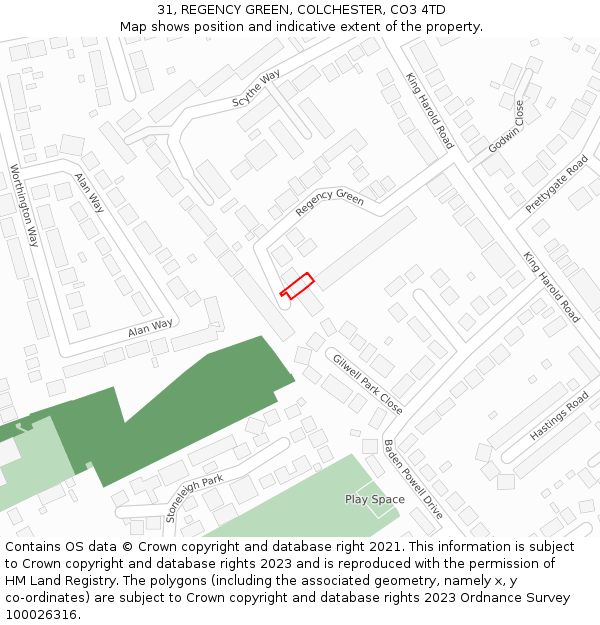 31, REGENCY GREEN, COLCHESTER, CO3 4TD: Location map and indicative extent of plot