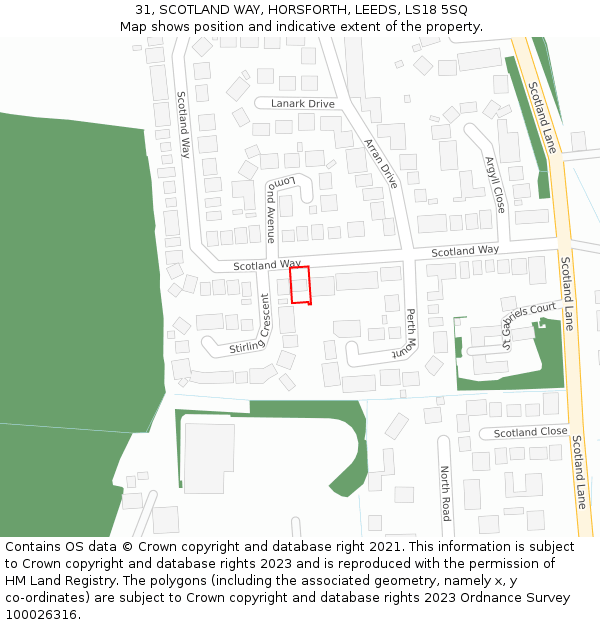 31, SCOTLAND WAY, HORSFORTH, LEEDS, LS18 5SQ: Location map and indicative extent of plot