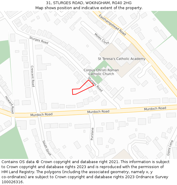 31, STURGES ROAD, WOKINGHAM, RG40 2HG: Location map and indicative extent of plot