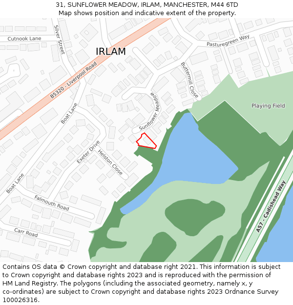 31, SUNFLOWER MEADOW, IRLAM, MANCHESTER, M44 6TD: Location map and indicative extent of plot