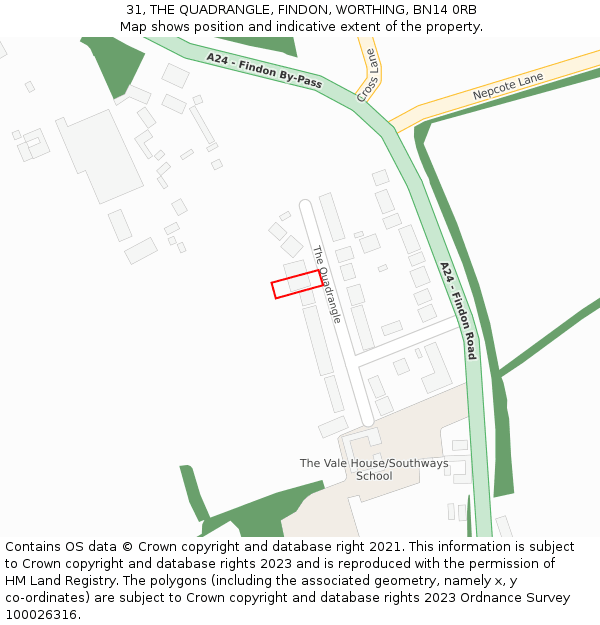 31, THE QUADRANGLE, FINDON, WORTHING, BN14 0RB: Location map and indicative extent of plot