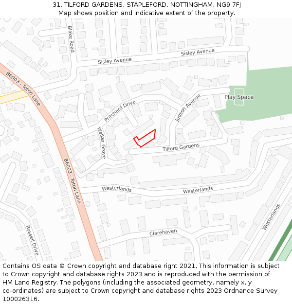 31, TILFORD GARDENS, STAPLEFORD, NOTTINGHAM, NG9 7FJ: Location map and indicative extent of plot