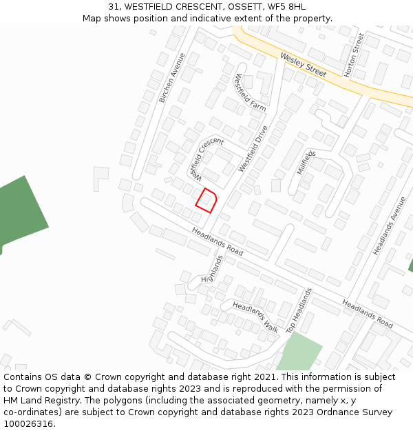 31, WESTFIELD CRESCENT, OSSETT, WF5 8HL: Location map and indicative extent of plot