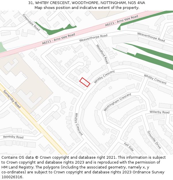 31, WHITBY CRESCENT, WOODTHORPE, NOTTINGHAM, NG5 4NA: Location map and indicative extent of plot