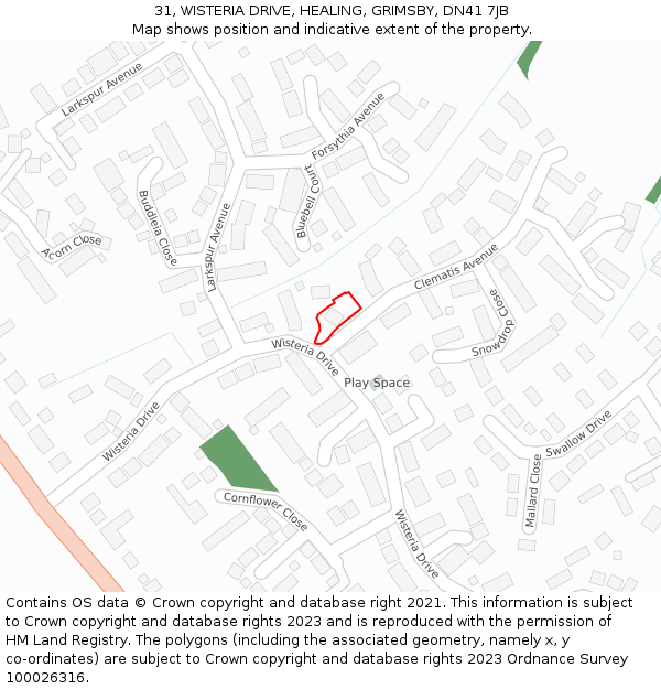 31, WISTERIA DRIVE, HEALING, GRIMSBY, DN41 7JB: Location map and indicative extent of plot