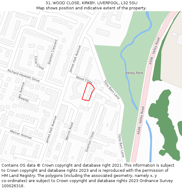 31, WOOD CLOSE, KIRKBY, LIVERPOOL, L32 5SU: Location map and indicative extent of plot