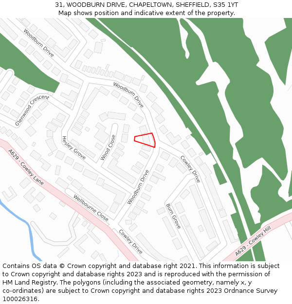 31, WOODBURN DRIVE, CHAPELTOWN, SHEFFIELD, S35 1YT: Location map and indicative extent of plot