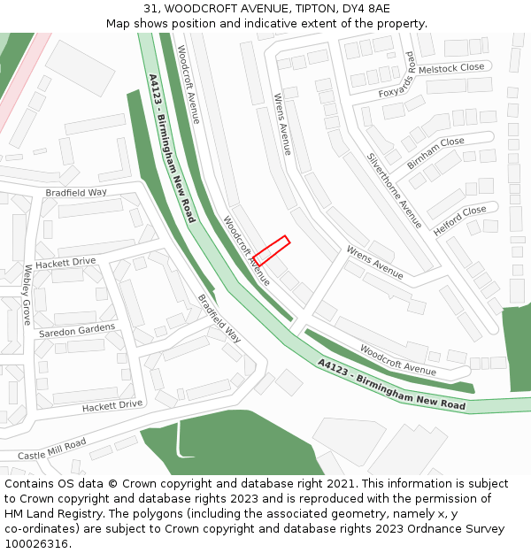 31, WOODCROFT AVENUE, TIPTON, DY4 8AE: Location map and indicative extent of plot