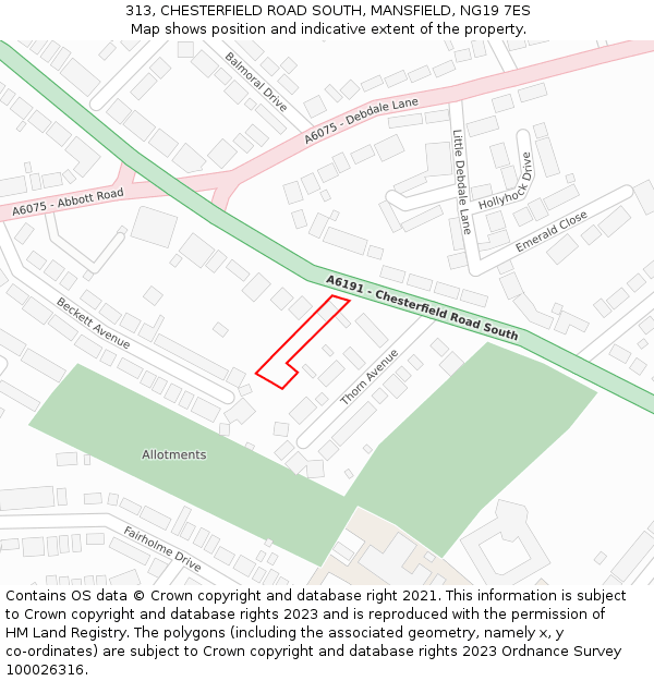 313, CHESTERFIELD ROAD SOUTH, MANSFIELD, NG19 7ES: Location map and indicative extent of plot