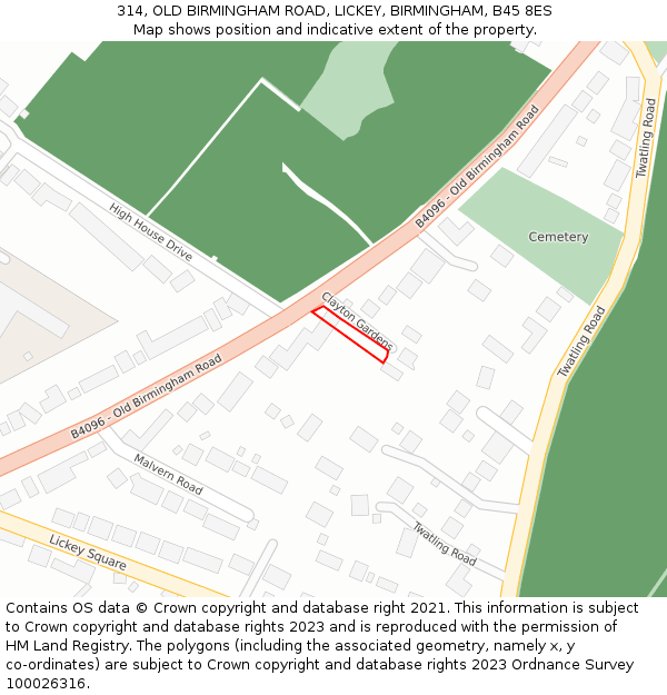 314, OLD BIRMINGHAM ROAD, LICKEY, BIRMINGHAM, B45 8ES: Location map and indicative extent of plot