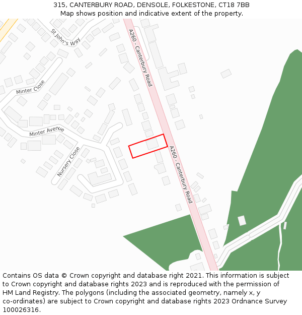 315, CANTERBURY ROAD, DENSOLE, FOLKESTONE, CT18 7BB: Location map and indicative extent of plot