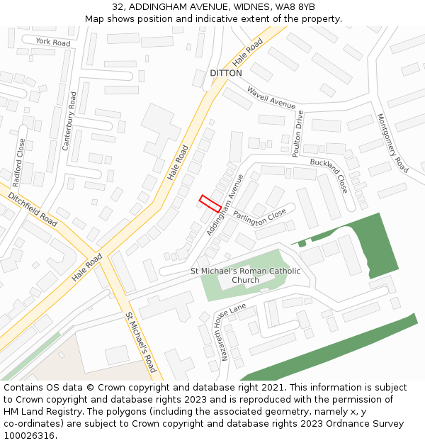 32, ADDINGHAM AVENUE, WIDNES, WA8 8YB: Location map and indicative extent of plot