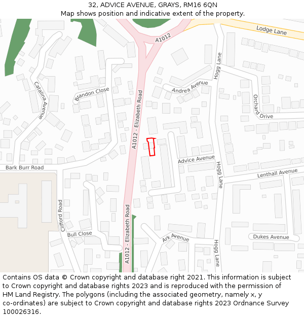 32, ADVICE AVENUE, GRAYS, RM16 6QN: Location map and indicative extent of plot