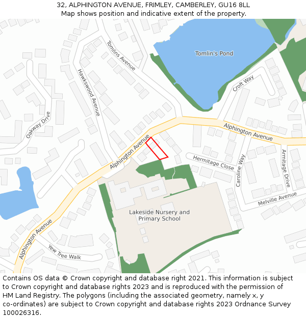 32, ALPHINGTON AVENUE, FRIMLEY, CAMBERLEY, GU16 8LL: Location map and indicative extent of plot