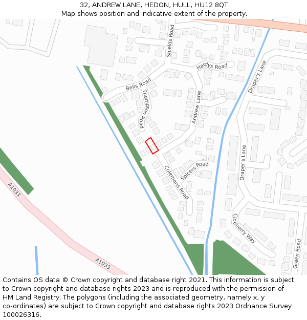 32, ANDREW LANE, HEDON, HULL, HU12 8QT: Location map and indicative extent of plot