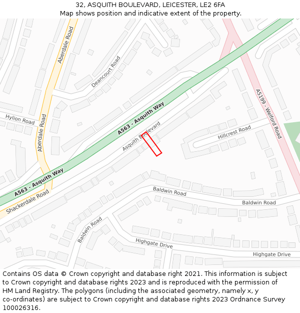 32, ASQUITH BOULEVARD, LEICESTER, LE2 6FA: Location map and indicative extent of plot