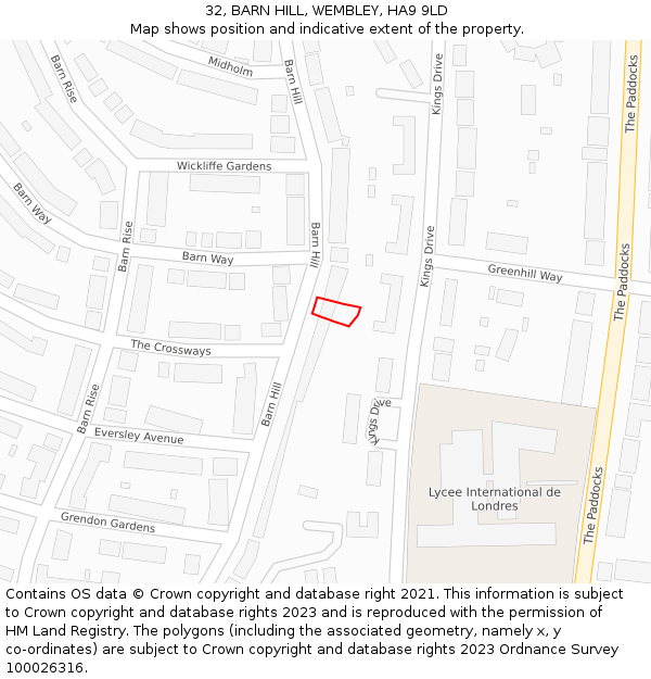 32, BARN HILL, WEMBLEY, HA9 9LD: Location map and indicative extent of plot