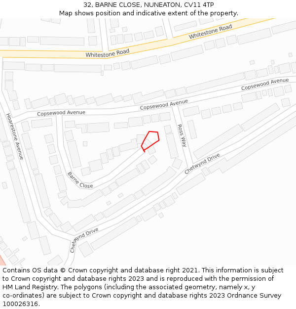 32, BARNE CLOSE, NUNEATON, CV11 4TP: Location map and indicative extent of plot