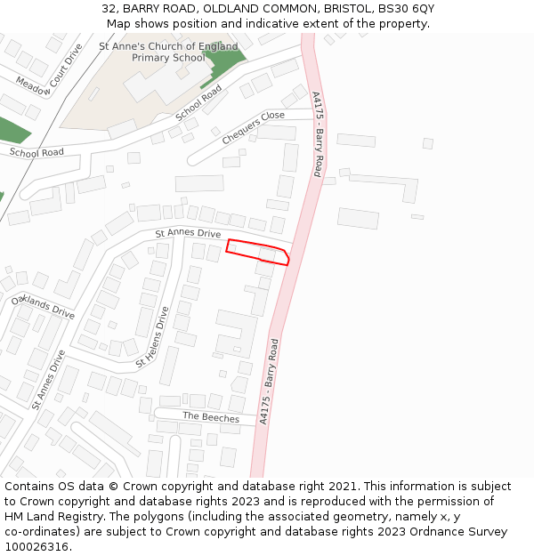 32, BARRY ROAD, OLDLAND COMMON, BRISTOL, BS30 6QY: Location map and indicative extent of plot