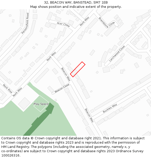 32, BEACON WAY, BANSTEAD, SM7 1EB: Location map and indicative extent of plot