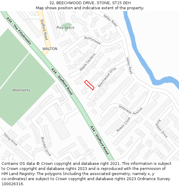 32, BEECHWOOD DRIVE, STONE, ST15 0EH: Location map and indicative extent of plot