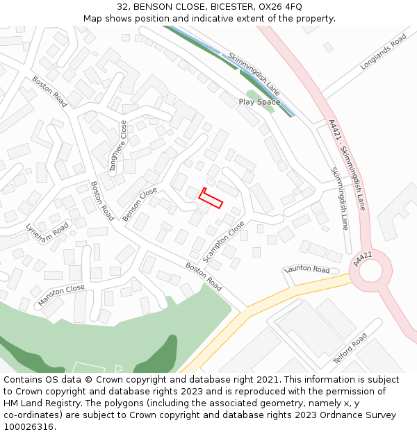 32, BENSON CLOSE, BICESTER, OX26 4FQ: Location map and indicative extent of plot