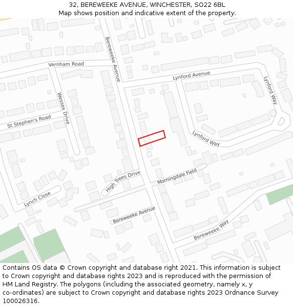 32, BEREWEEKE AVENUE, WINCHESTER, SO22 6BL: Location map and indicative extent of plot