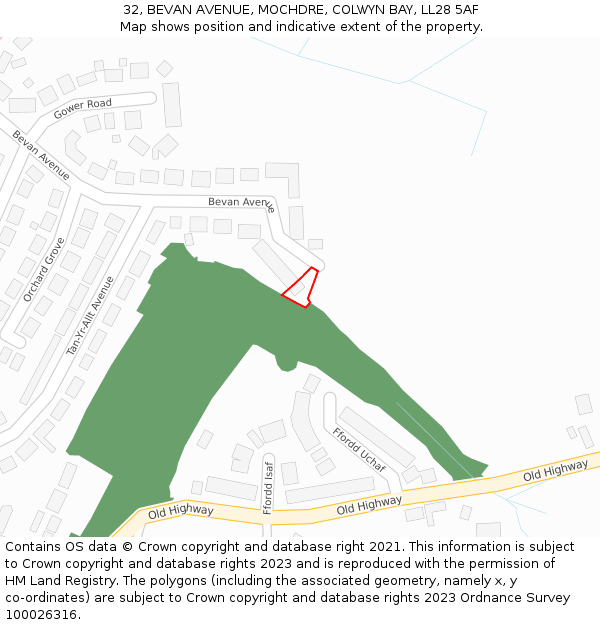 32, BEVAN AVENUE, MOCHDRE, COLWYN BAY, LL28 5AF: Location map and indicative extent of plot