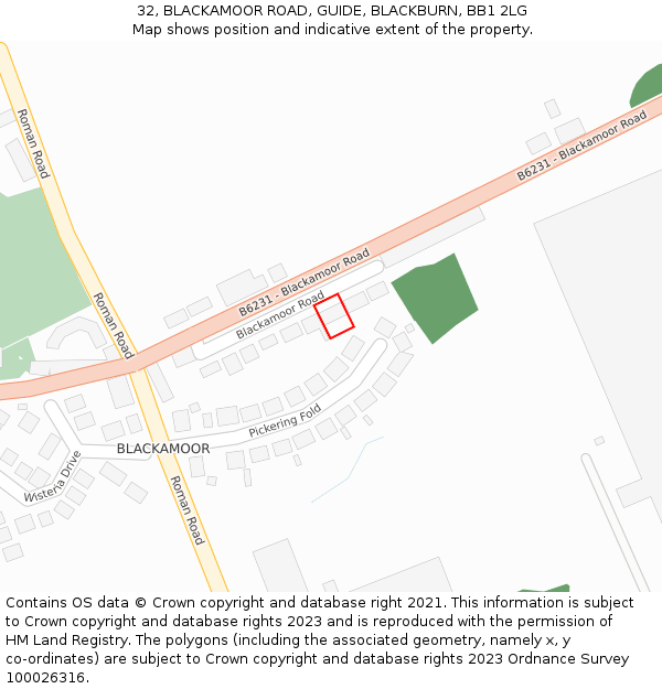 32, BLACKAMOOR ROAD, GUIDE, BLACKBURN, BB1 2LG: Location map and indicative extent of plot