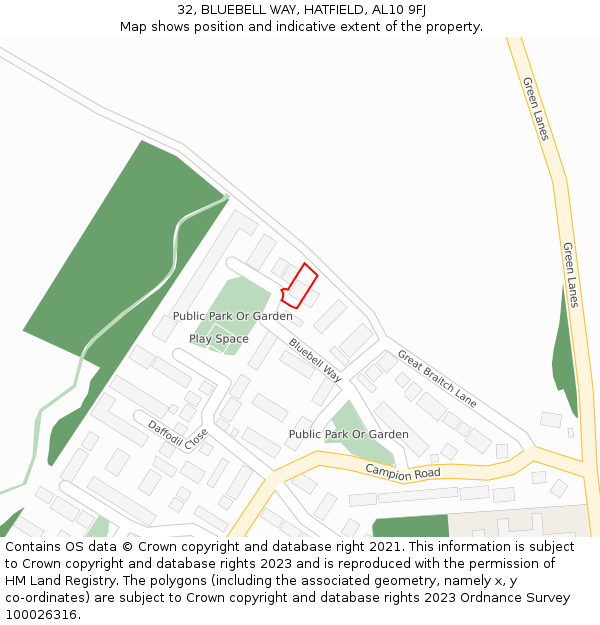 32, BLUEBELL WAY, HATFIELD, AL10 9FJ: Location map and indicative extent of plot