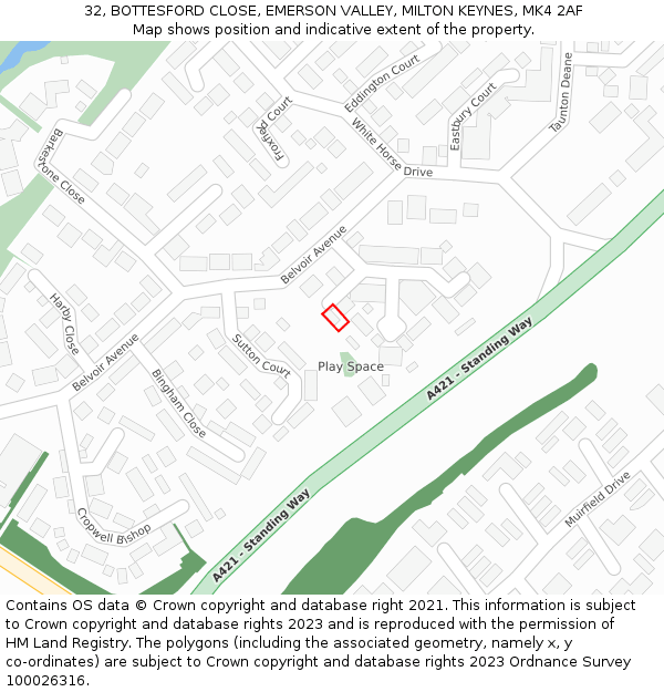 32, BOTTESFORD CLOSE, EMERSON VALLEY, MILTON KEYNES, MK4 2AF: Location map and indicative extent of plot