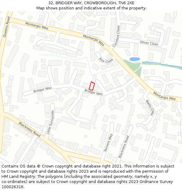 32, BRIDGER WAY, CROWBOROUGH, TN6 2XE: Location map and indicative extent of plot