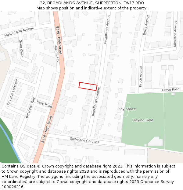 32, BROADLANDS AVENUE, SHEPPERTON, TW17 9DQ: Location map and indicative extent of plot